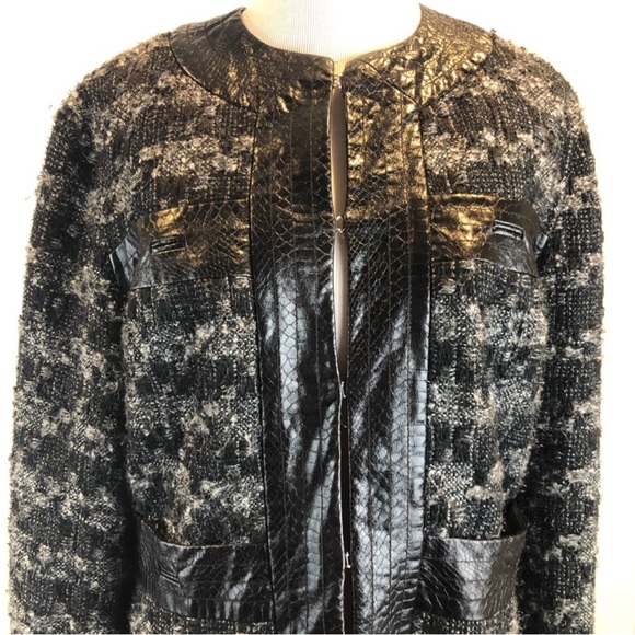 Tory Burch Black Gray Tweed Coat Faux Leather Trim, 8 - Picture 2 of 9